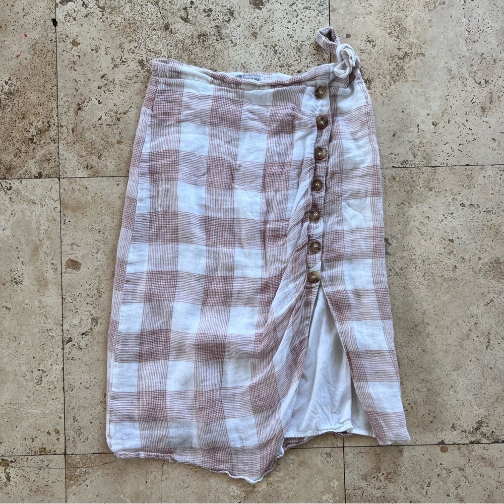 Anthro Heartloom Bently Red Pink Gingham Plaid High Waist Skirt Tie Coverup S - Picture 4 of 8